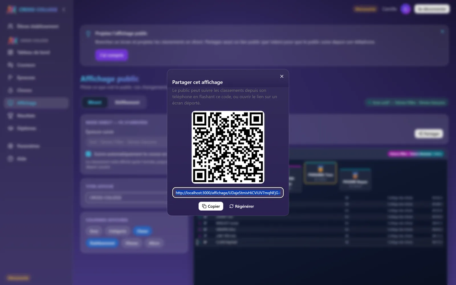 « Partager cet affichage » : le QR code, le lien public et les boutons Copier et Régénérer.