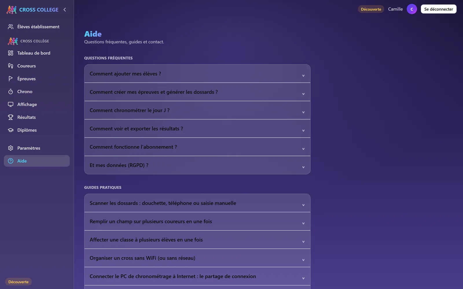 La page Aide : questions fréquentes, guides repliables et formulaire de contact.