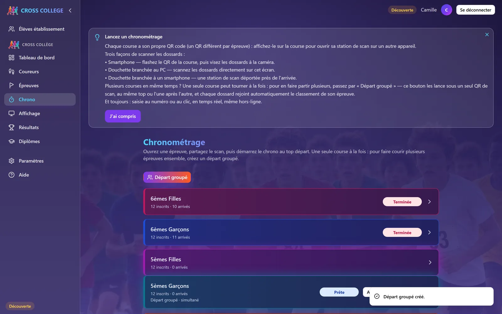 Sur la page Chrono, les cartes du groupe sont collées et portent la mention « Départ groupé · simultané ».
