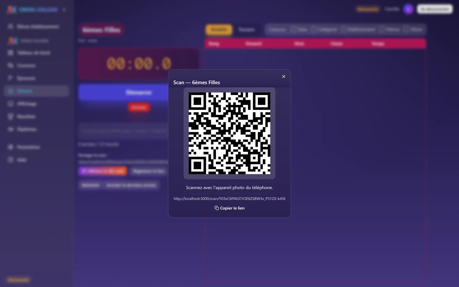 Le QR code d'une course. Il existe dès que la course est ouverte, avant même le départ.