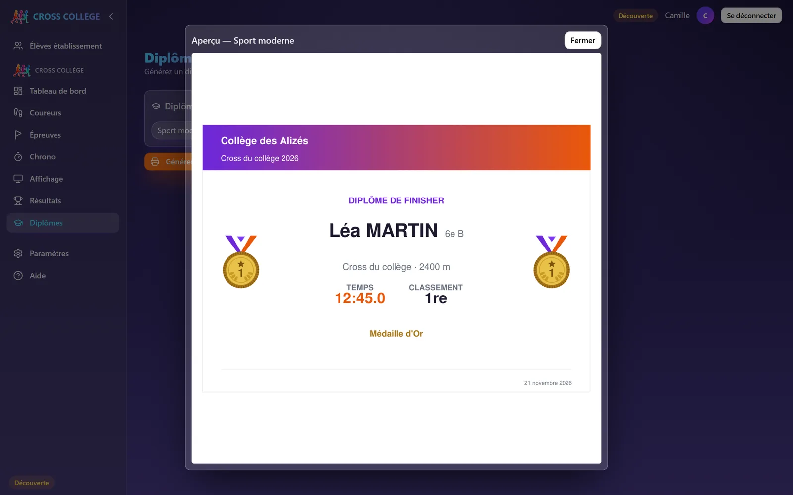 « Aperçu » montre trois diplômes fictifs dans le modèle choisi : un podium, un finisher, une marcheuse.