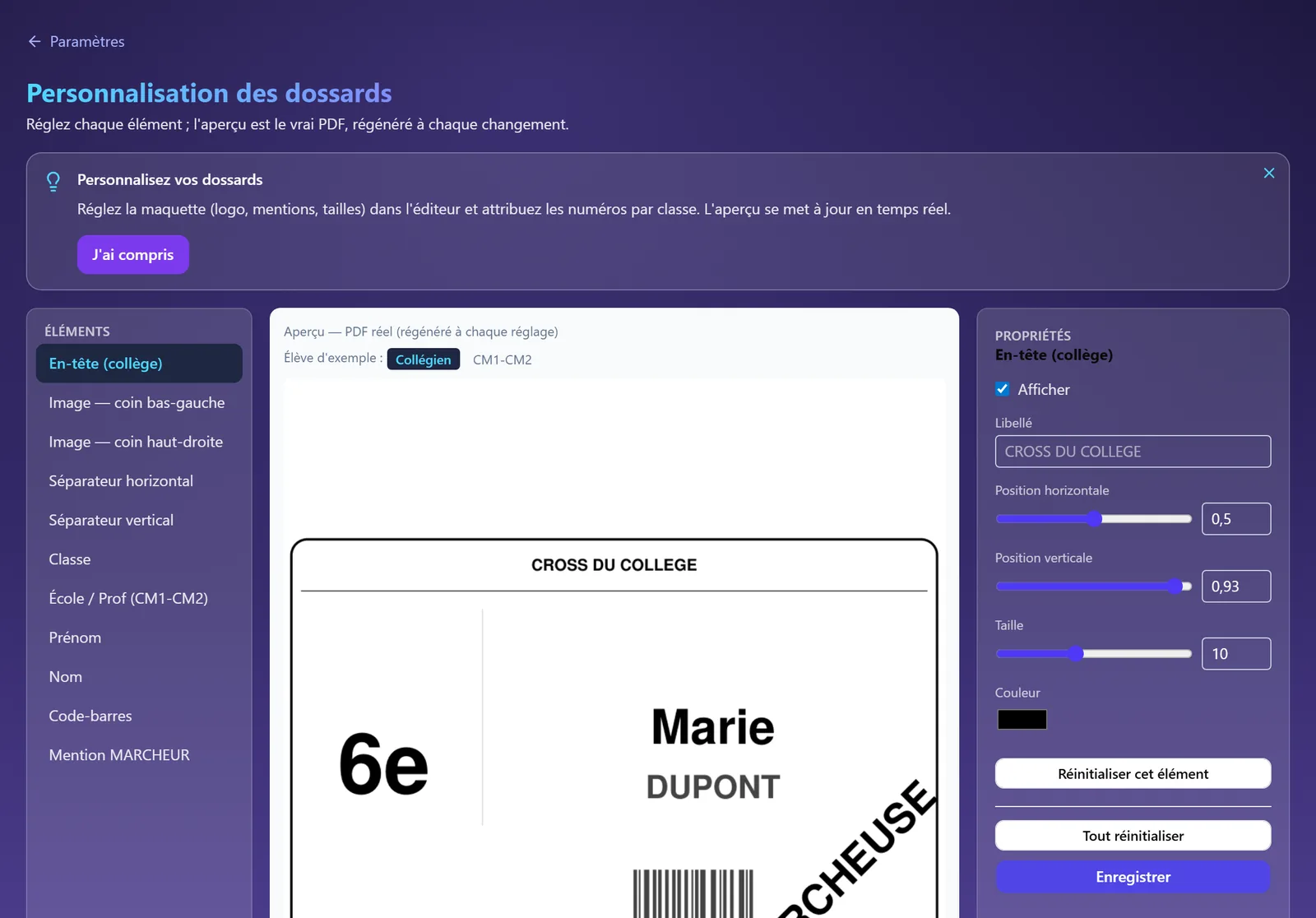 L'élément « En-tête (collège) » : c'est ici que se saisit le libellé imprimé en haut de chaque dossard.