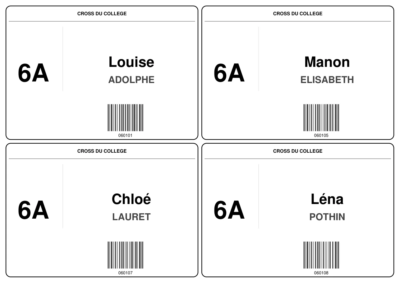 Une page du PDF : quatre dossards de 6A, chacun avec l'en-tête, la classe, le prénom, le nom et le code-barres.